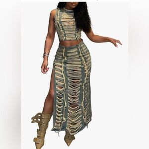 NWOT KANSOON Skirt Sets Women 2 Piece Outfits Denim Ripped Distressed Sleeveless